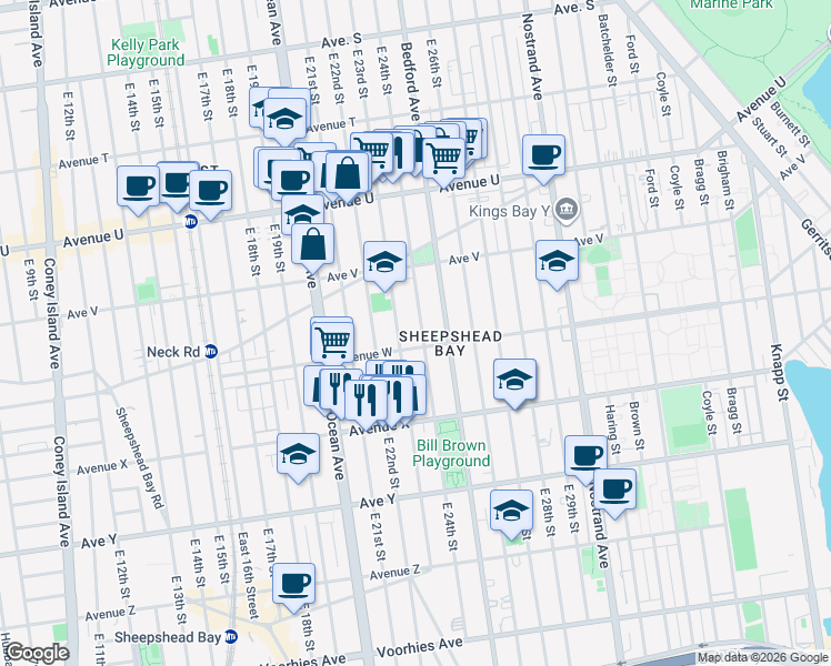 map of restaurants, bars, coffee shops, grocery stores, and more near 2268 East 24th Street in Brooklyn