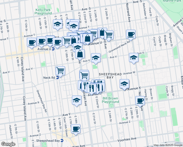 map of restaurants, bars, coffee shops, grocery stores, and more near 2261 East 22nd Street in Brooklyn