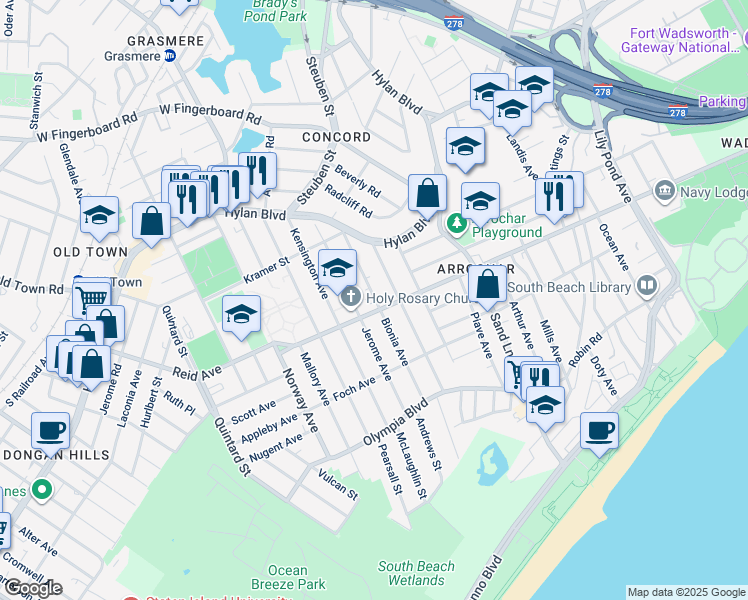 map of restaurants, bars, coffee shops, grocery stores, and more near 77 Bionia Avenue in Staten Island