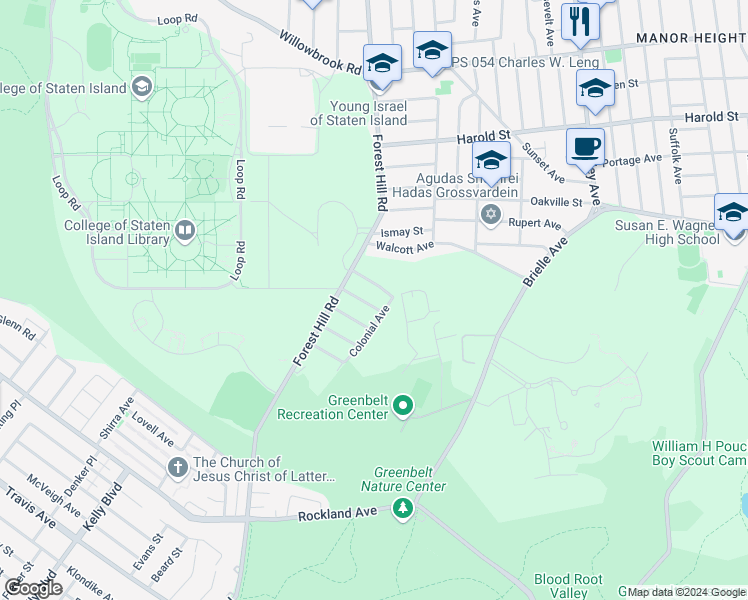 map of restaurants, bars, coffee shops, grocery stores, and more near 24 Steers Street in Staten Island