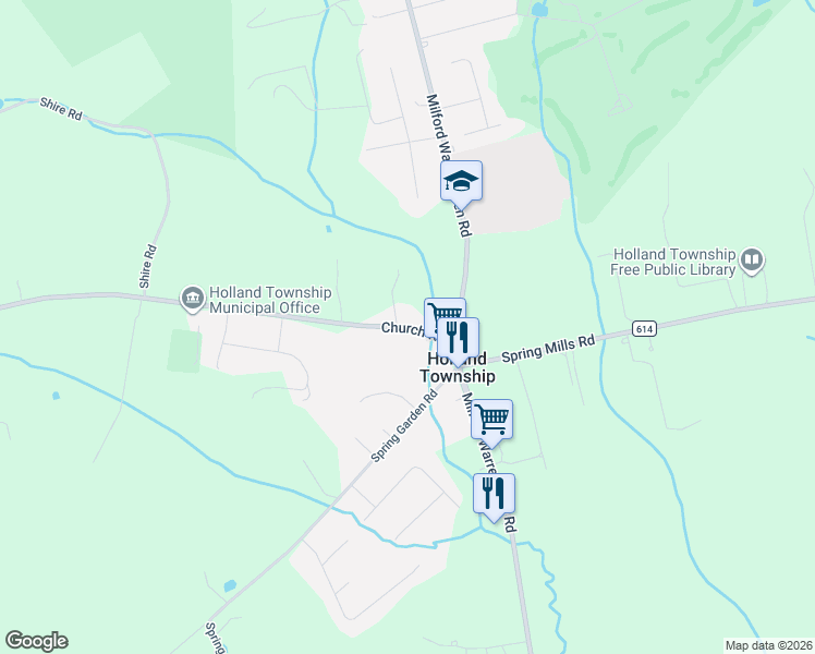 map of restaurants, bars, coffee shops, grocery stores, and more near 12 Church Road in Milford