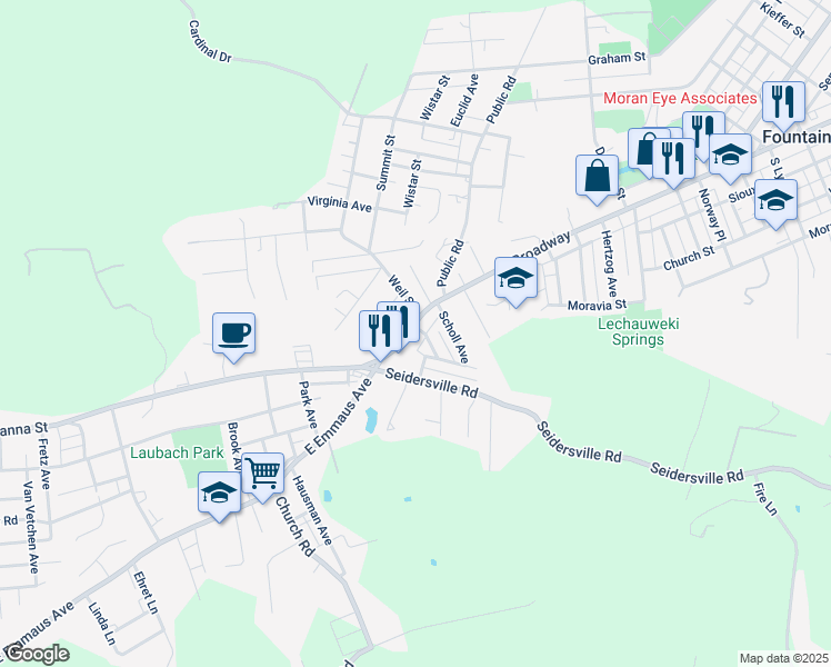 map of restaurants, bars, coffee shops, grocery stores, and more near 1763 Broadway in Bethlehem
