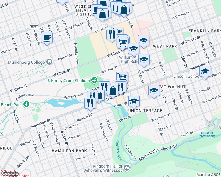 map of restaurants, bars, coffee shops, grocery stores, and more near 2008 Linden Street in Allentown
