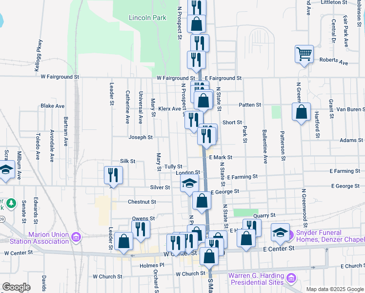 map of restaurants, bars, coffee shops, grocery stores, and more near 470 Oak Street in Marion