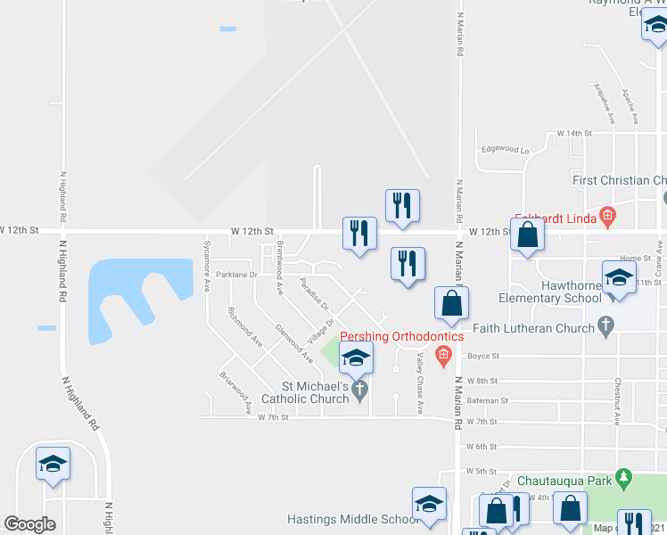 map of restaurants, bars, coffee shops, grocery stores, and more near 3226 Parklane Drive in Hastings