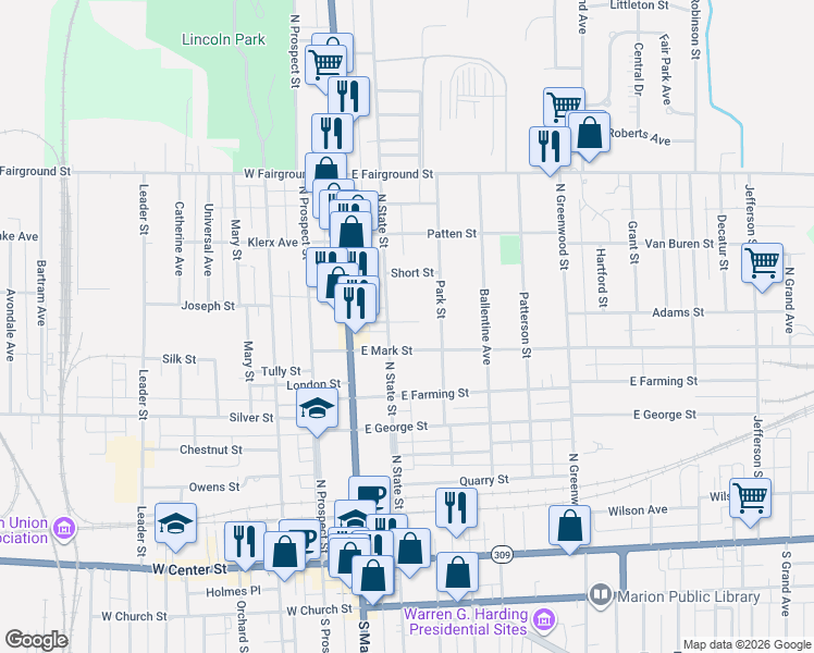 map of restaurants, bars, coffee shops, grocery stores, and more near 183 Frederick Street in Marion