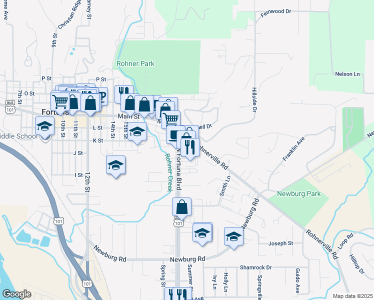 map of restaurants, bars, coffee shops, grocery stores, and more near 2009 South Main Street in Fortuna