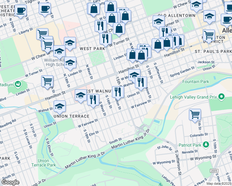 map of restaurants, bars, coffee shops, grocery stores, and more near 1504 Walnut Street in Allentown