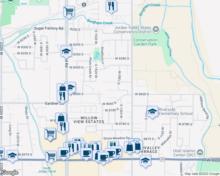 map of restaurants, bars, coffee shops, grocery stores, and more near 1434 West Autumn Oak Circle in West Jordan