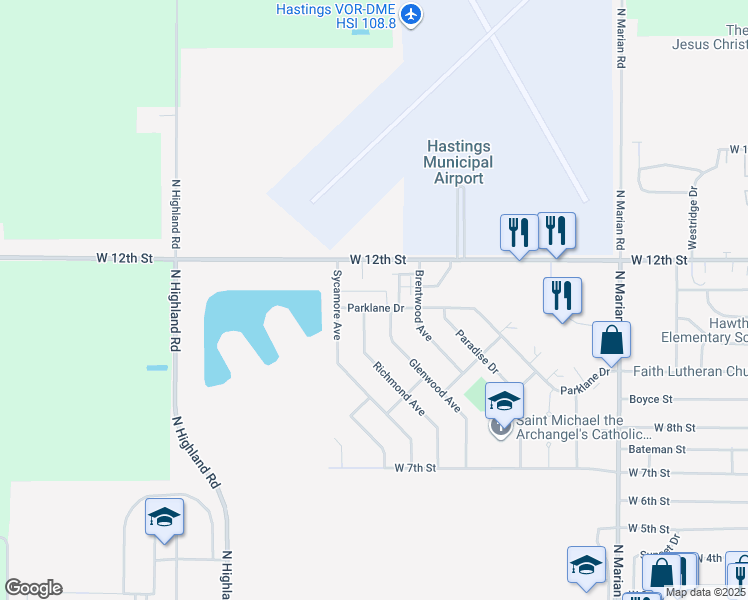 map of restaurants, bars, coffee shops, grocery stores, and more near 3514 Parklane Drive in Hastings