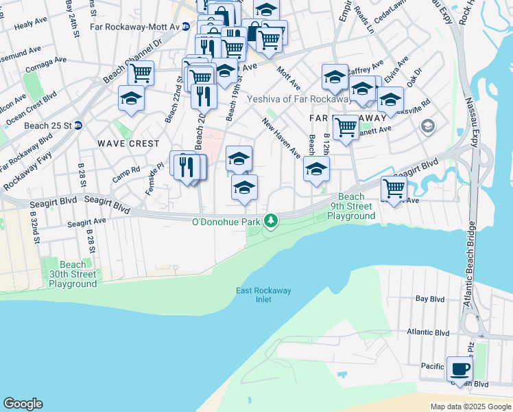 map of restaurants, bars, coffee shops, grocery stores, and more near 1634 Seagirt Boulevard in Queens
