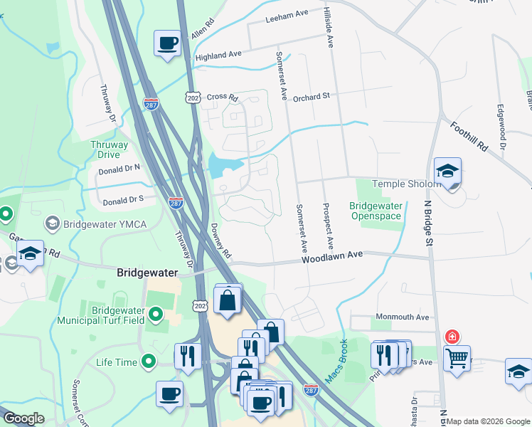 map of restaurants, bars, coffee shops, grocery stores, and more near 349 Greenfield Road in Bridgewater Township