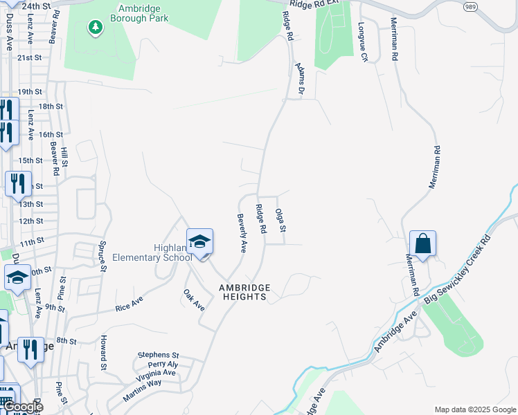 map of restaurants, bars, coffee shops, grocery stores, and more near 1020 Ridge Road in Ambridge