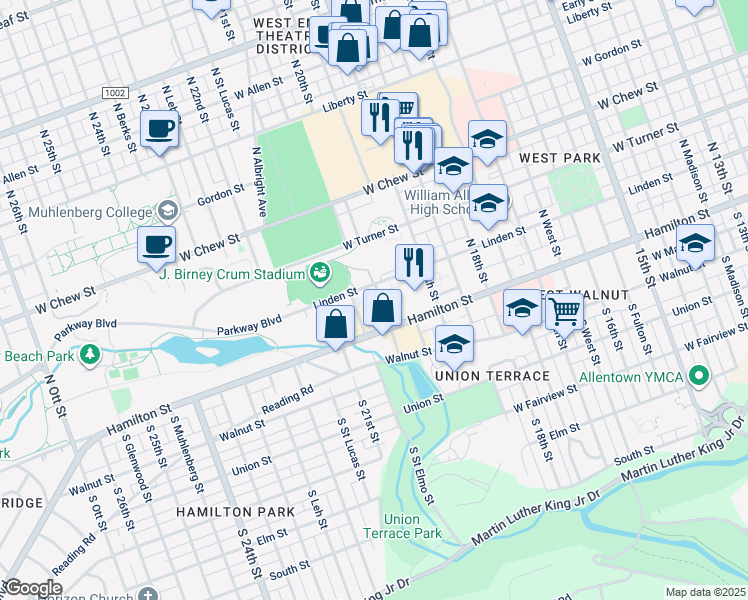 map of restaurants, bars, coffee shops, grocery stores, and more near 2016 West Linden Street in Allentown