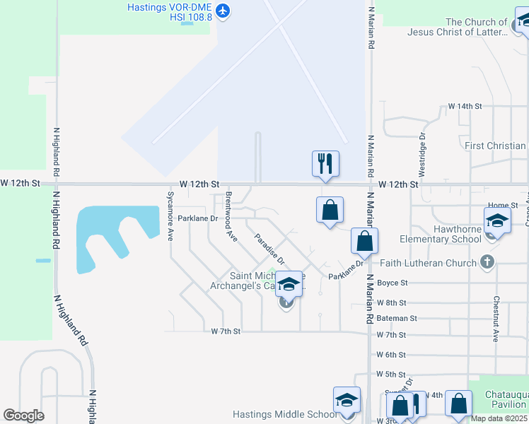 map of restaurants, bars, coffee shops, grocery stores, and more near 3226 Parklane Drive in Hastings