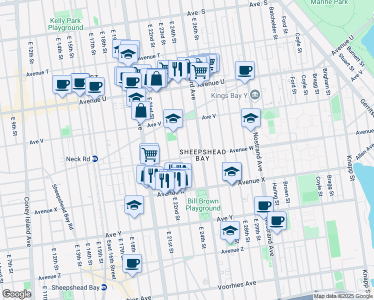 map of restaurants, bars, coffee shops, grocery stores, and more near 2268 East 24th Street in Brooklyn