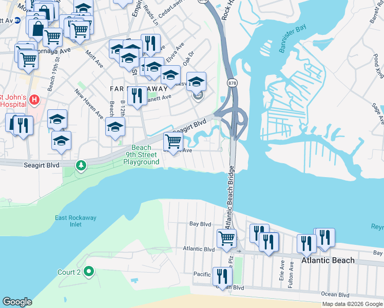 map of restaurants, bars, coffee shops, grocery stores, and more near 4-11 Seagirt Avenue in Queens