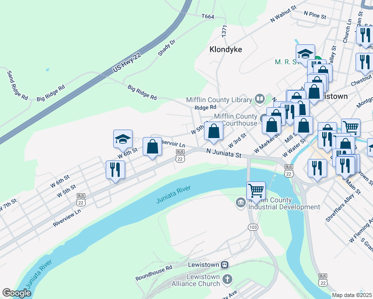 map of restaurants, bars, coffee shops, grocery stores, and more near 367 West 4th Street in Lewistown
