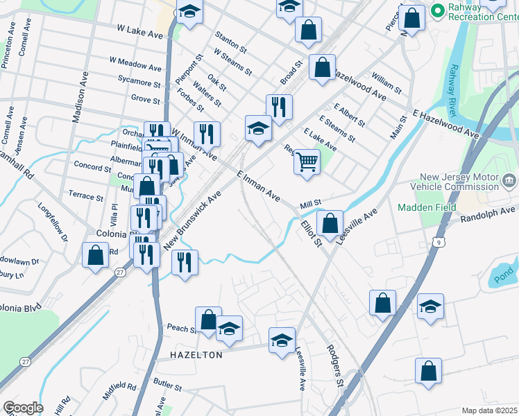 map of restaurants, bars, coffee shops, grocery stores, and more near 167 Wescott Drive in Rahway