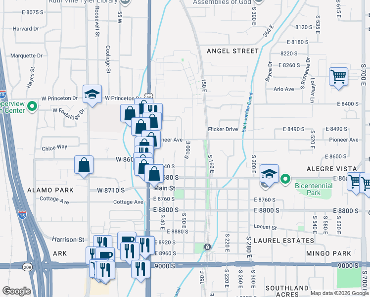 map of restaurants, bars, coffee shops, grocery stores, and more near 8564 South 100 East in Sandy