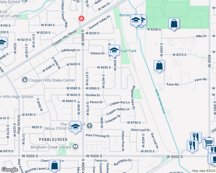 map of restaurants, bars, coffee shops, grocery stores, and more near 8549 South 4670 West in West Jordan