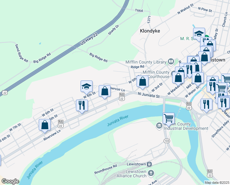 map of restaurants, bars, coffee shops, grocery stores, and more near 6 Stoneroad Court in Lewistown