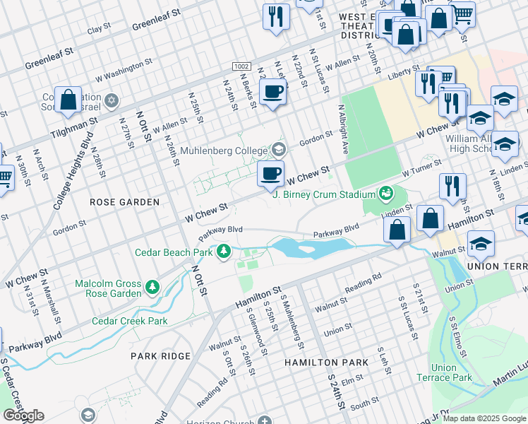 map of restaurants, bars, coffee shops, grocery stores, and more near 2346-2508 West Chew Street in Allentown