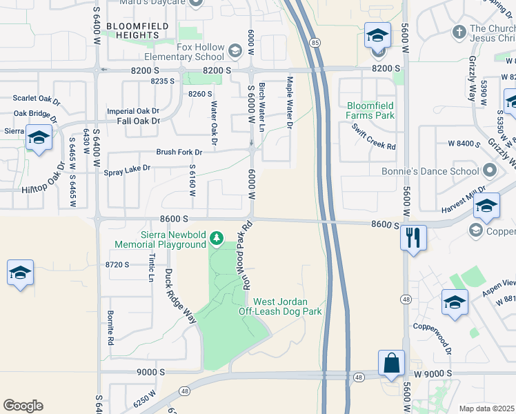 map of restaurants, bars, coffee shops, grocery stores, and more near 8561 South 6025 West in West Jordan