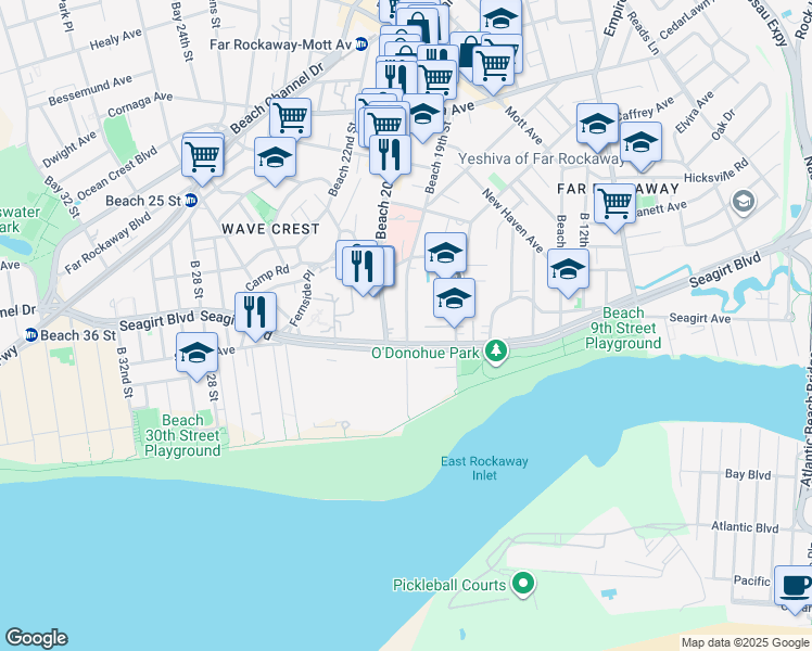 map of restaurants, bars, coffee shops, grocery stores, and more near 221 Beach 19th Street in Queens