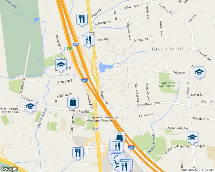 map of restaurants, bars, coffee shops, grocery stores, and more near 316 Greenfield Road in Bridgewater