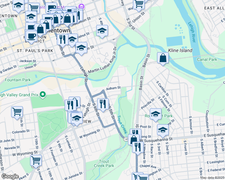 map of restaurants, bars, coffee shops, grocery stores, and more near in Allentown
