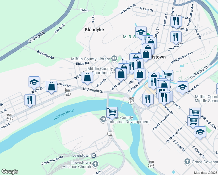 map of restaurants, bars, coffee shops, grocery stores, and more near 213 West Market Street in Lewistown