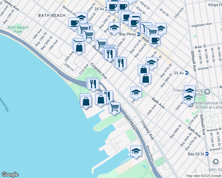 map of restaurants, bars, coffee shops, grocery stores, and more near 2230 Cropsey Avenue in Brooklyn
