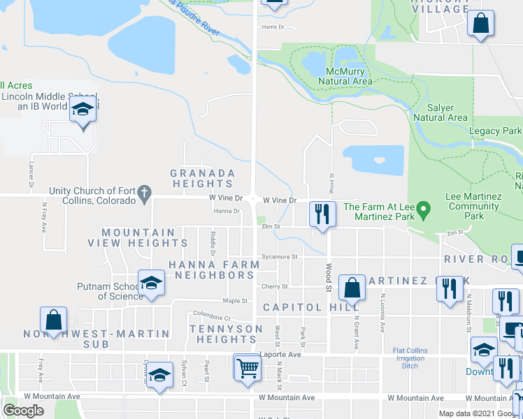 map of restaurants, bars, coffee shops, grocery stores, and more near 1037 West Vine Drive in Fort Collins