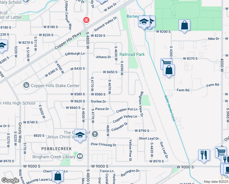 map of restaurants, bars, coffee shops, grocery stores, and more near 8549 South 4670 West in West Jordan