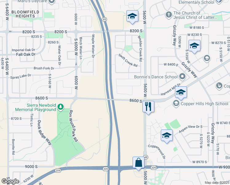 map of restaurants, bars, coffee shops, grocery stores, and more near 8542 5750 West in West Jordan