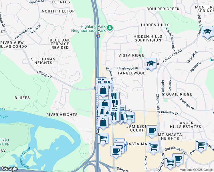 map of restaurants, bars, coffee shops, grocery stores, and more near 826 Mission De Oro Drive in Redding