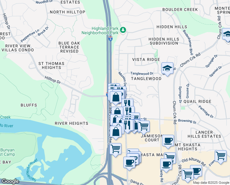 map of restaurants, bars, coffee shops, grocery stores, and more near 826 Mission De Oro Drive in Redding