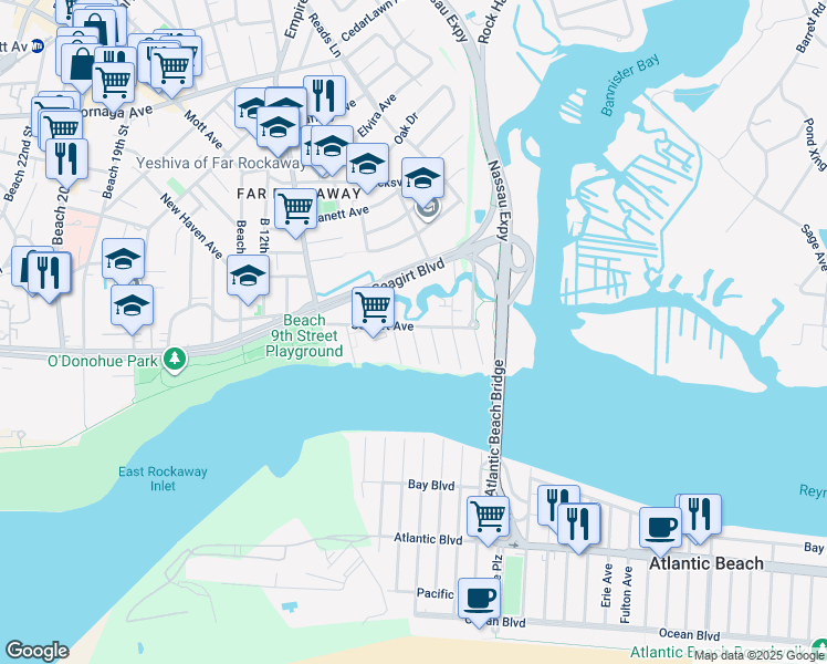 map of restaurants, bars, coffee shops, grocery stores, and more near 4-11 Seagirt Avenue in Queens