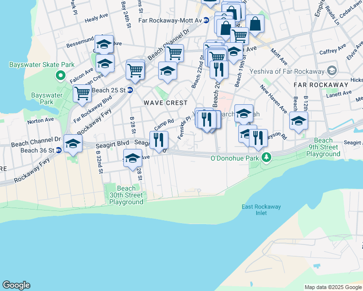 map of restaurants, bars, coffee shops, grocery stores, and more near 20-42 Seagirt Boulevard in Queens