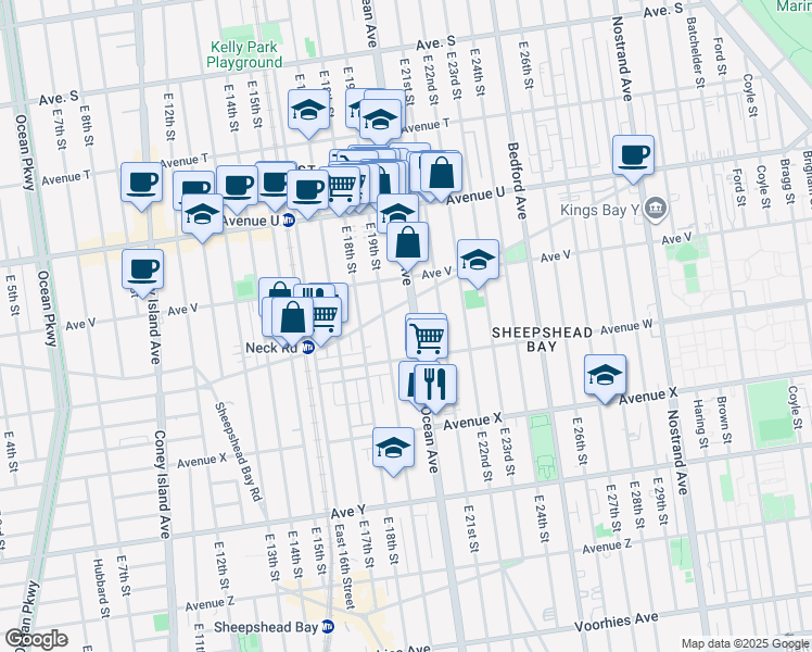 map of restaurants, bars, coffee shops, grocery stores, and more near 2245 East 19th Street in Brooklyn