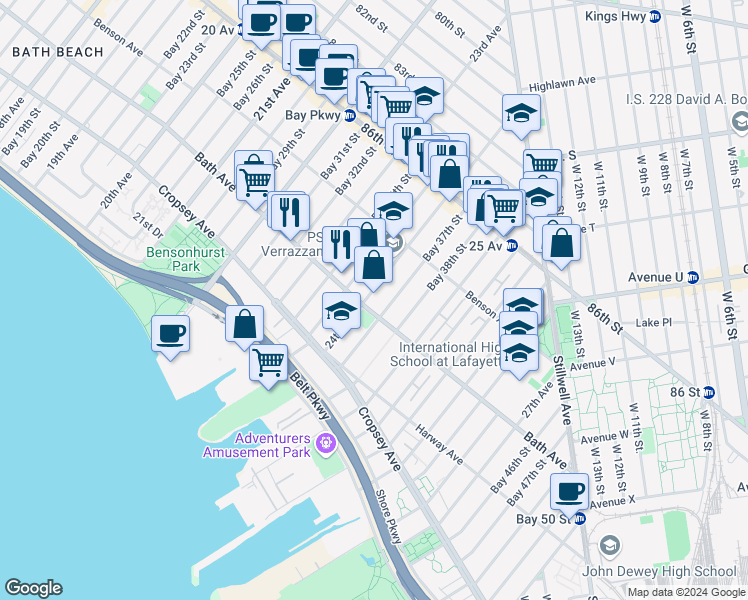 map of restaurants, bars, coffee shops, grocery stores, and more near 152 Bay 37th Street in Brooklyn