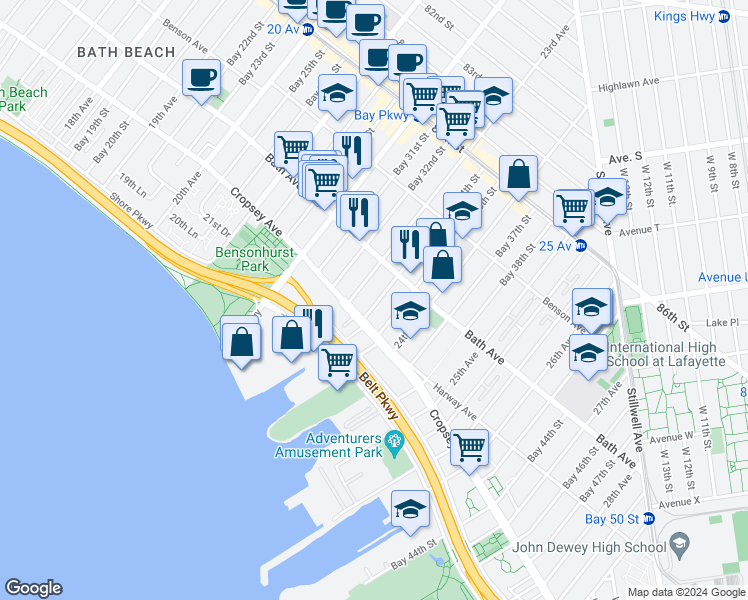 map of restaurants, bars, coffee shops, grocery stores, and more near 201 Bay 34th Street in Brooklyn