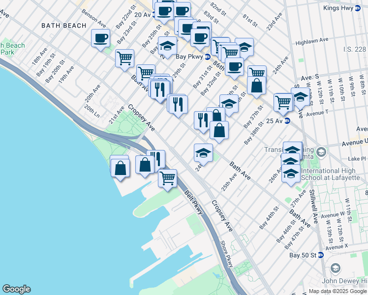 map of restaurants, bars, coffee shops, grocery stores, and more near 201 Bay 34th Street in Brooklyn