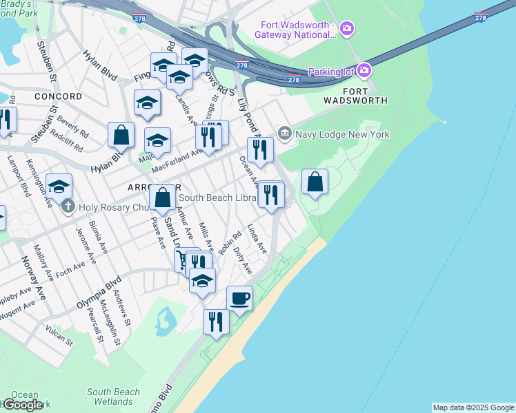 map of restaurants, bars, coffee shops, grocery stores, and more near 63 Windom Avenue in Staten Island