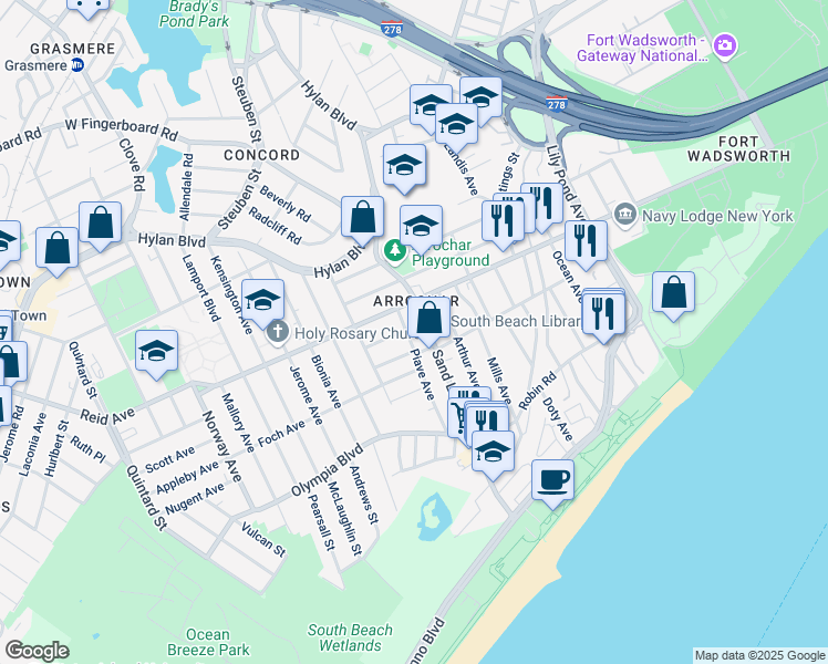 map of restaurants, bars, coffee shops, grocery stores, and more near in Staten Island