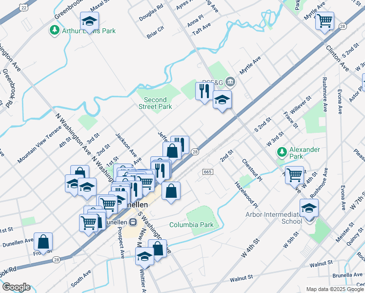 map of restaurants, bars, coffee shops, grocery stores, and more near 1851 Bradford Street in Plainfield