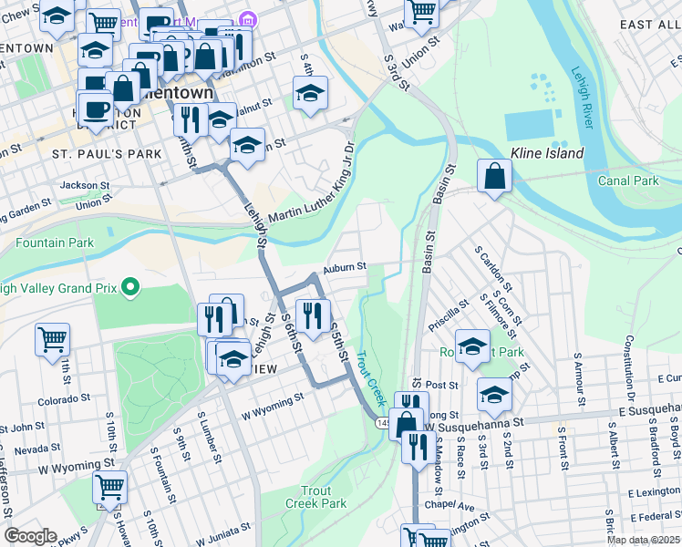 map of restaurants, bars, coffee shops, grocery stores, and more near in Allentown