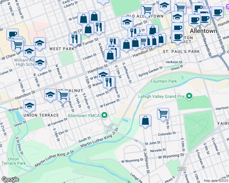 map of restaurants, bars, coffee shops, grocery stores, and more near 139 South 14th Street in Allentown