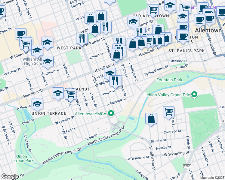 map of restaurants, bars, coffee shops, grocery stores, and more near 139 South 14th Street in Allentown